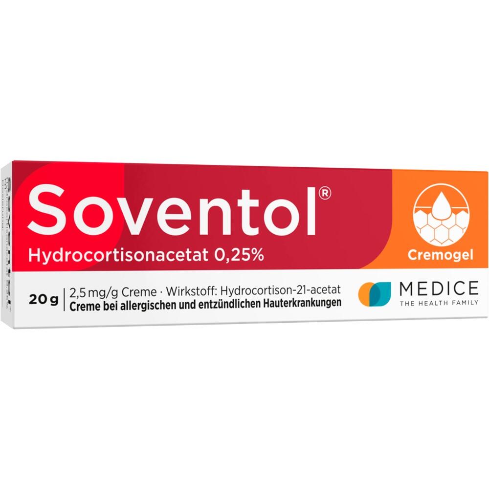 Wei&szlig;e Creme-Verpackung mit rotem und orangem Design, "Soventol" ist gro&szlig; geschrieben.