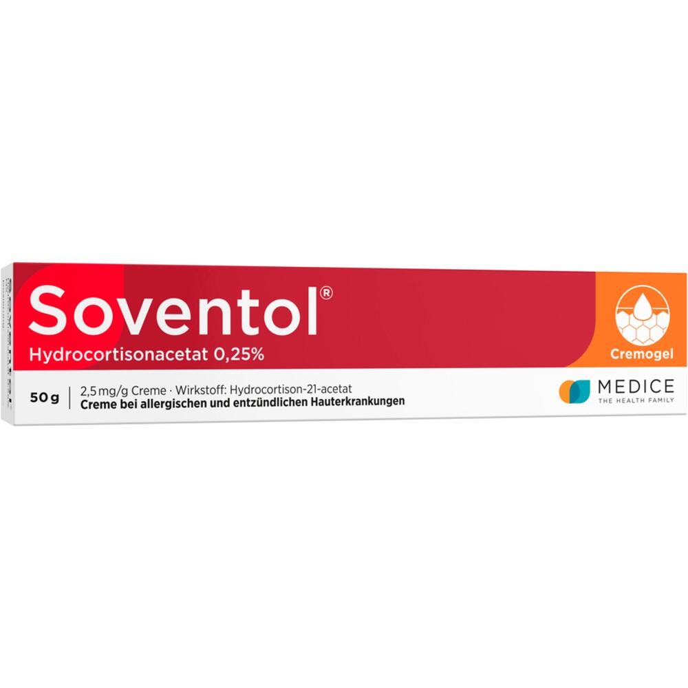 Rote und wei&szlig;e Packung von Soventol-Creme f&uuml;r Hautentz&uuml;ndungen und Allergien.