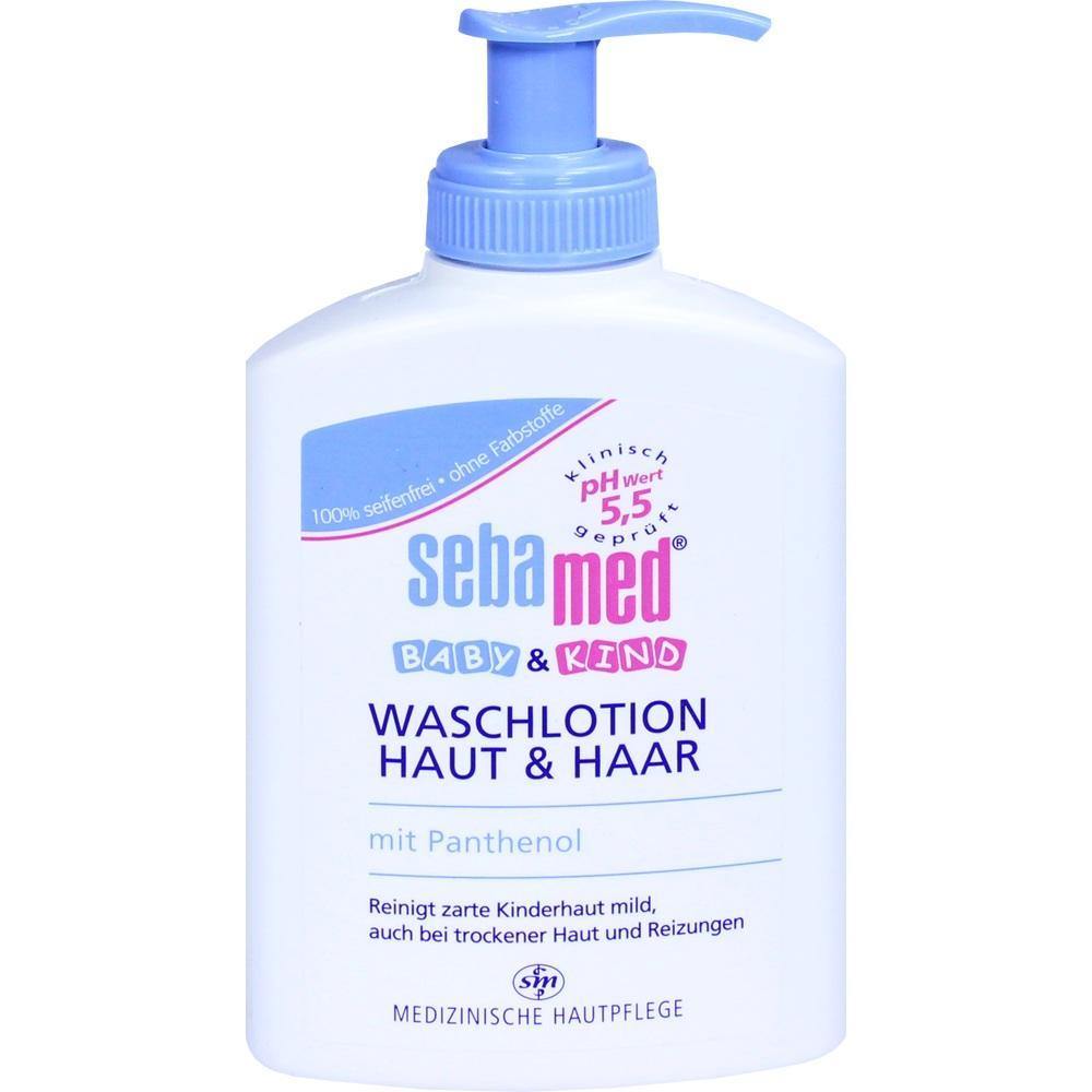 Eine Flasche Sebamed Baby & Kind Waschlotion f&uuml;r Haut und Haar mit einem blauen Spender.