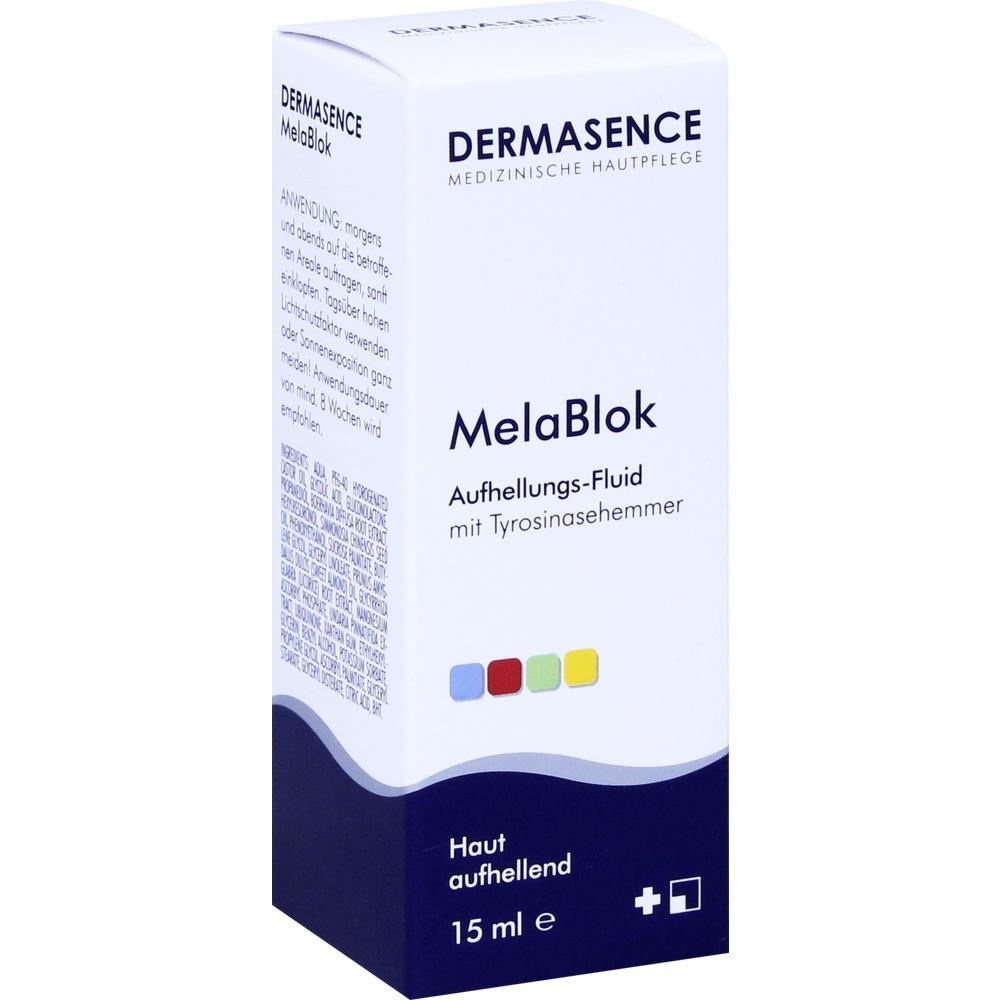 Eine weiße Verpackung von einem Hautpflege-Fluid namens "MelaBlok".