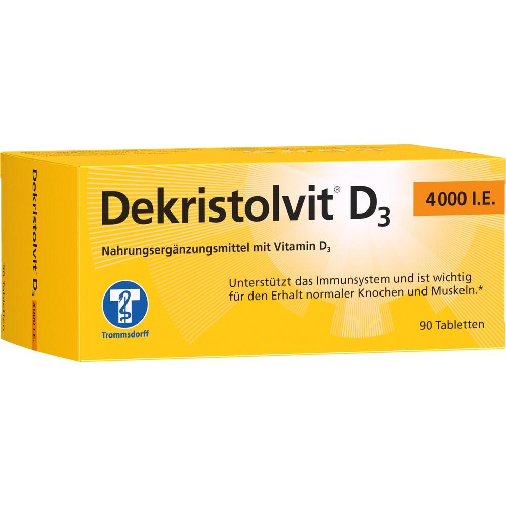 Gelbe Packung von Dekristolvit D3 mit 90 Vitamin-D3-Tabletten.