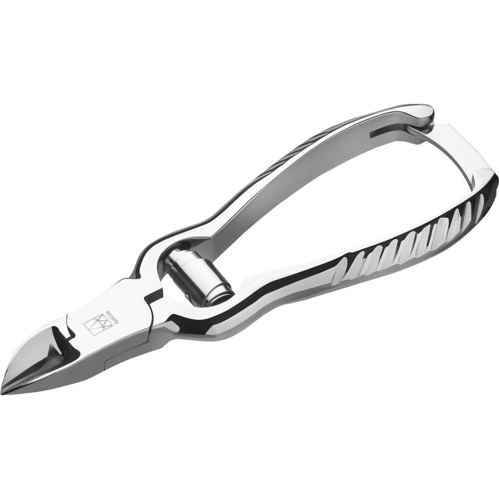 Silberne Nagelzange mit gebogenem Griff und scharfer Schneide.