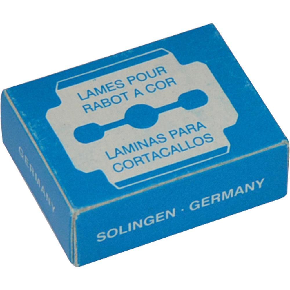 Blaue Schachtel mit Aufschrift f&uuml;r Hornhauthobel-Klingen.