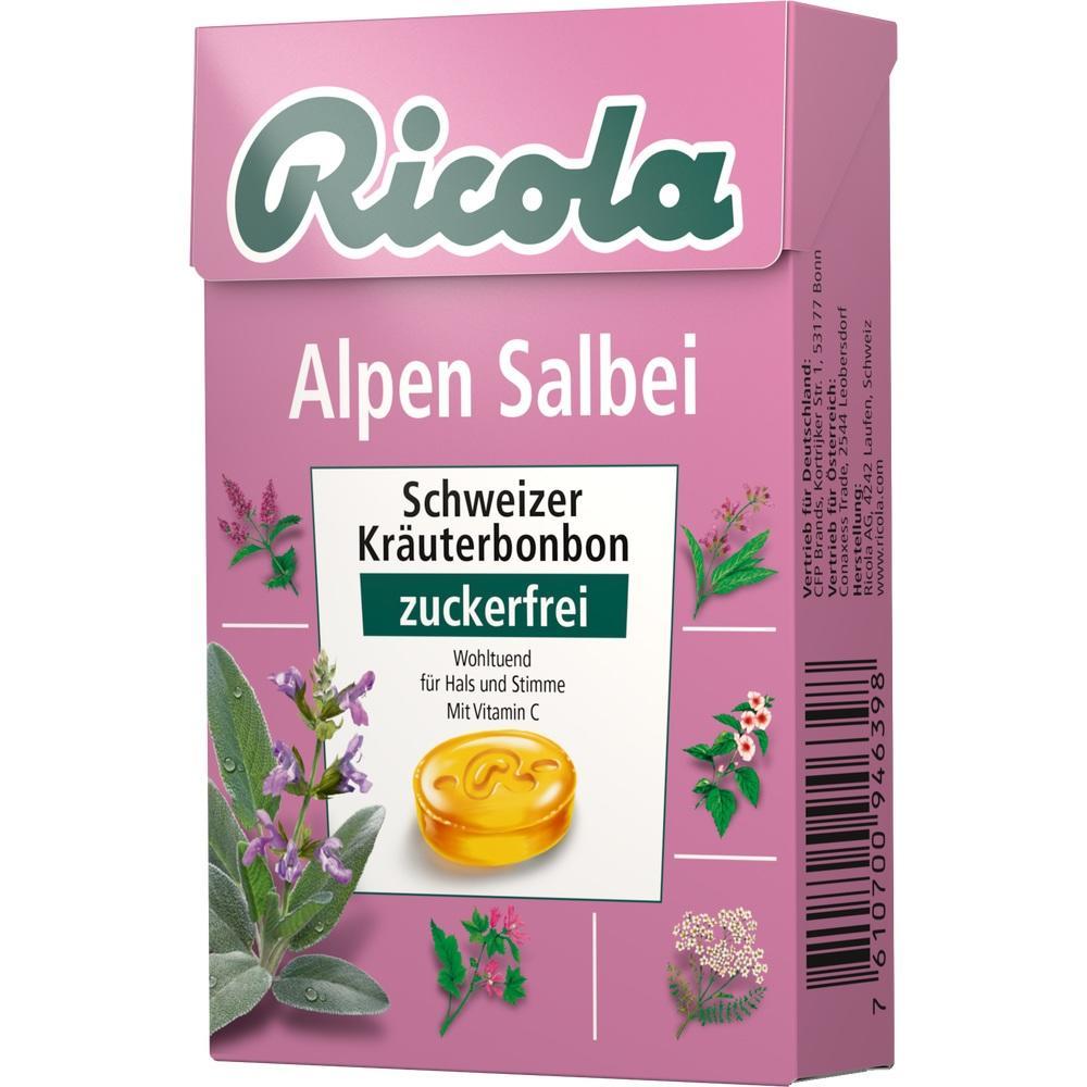 Eine pinke Packung Ricola Alpen Salbei Bonbons, ohne Zucker, mit Kräutern.