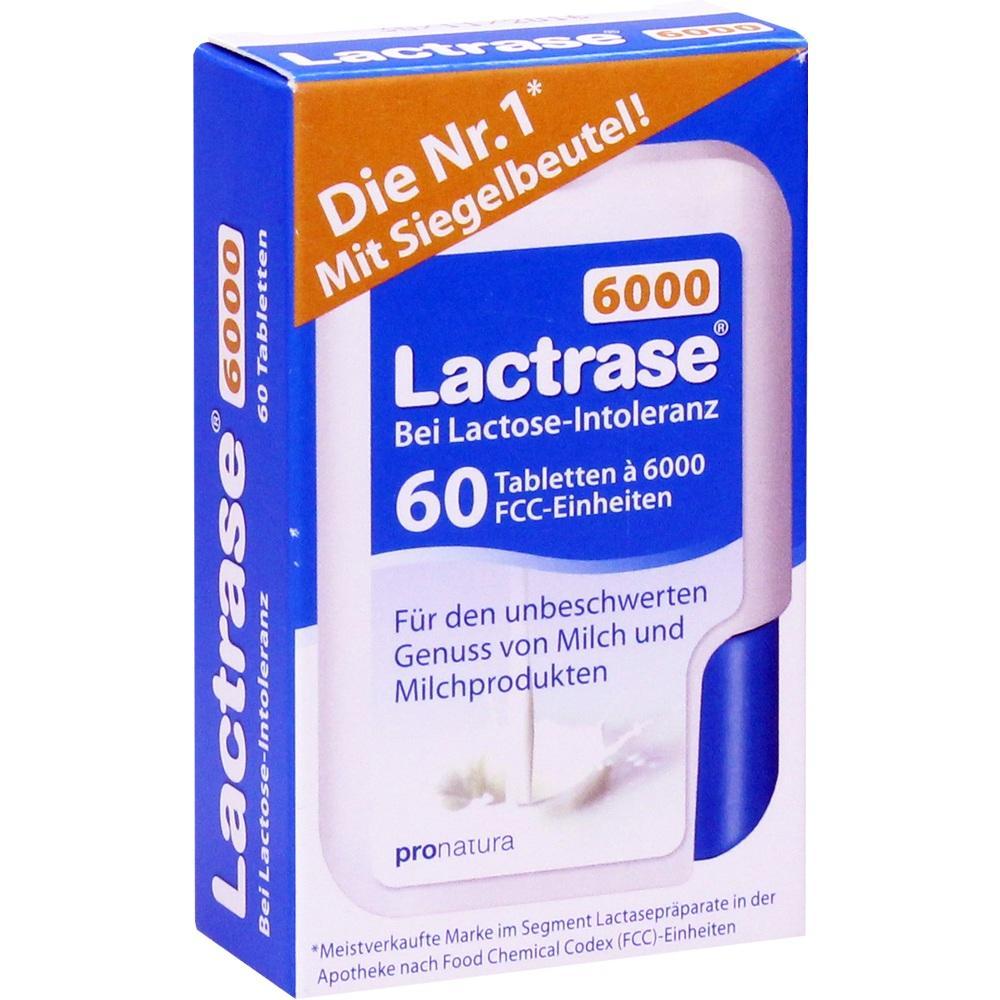 Eine Packung Lactrase-Tabletten gegen Laktose-Intoleranz mit 60 Tabletten.
