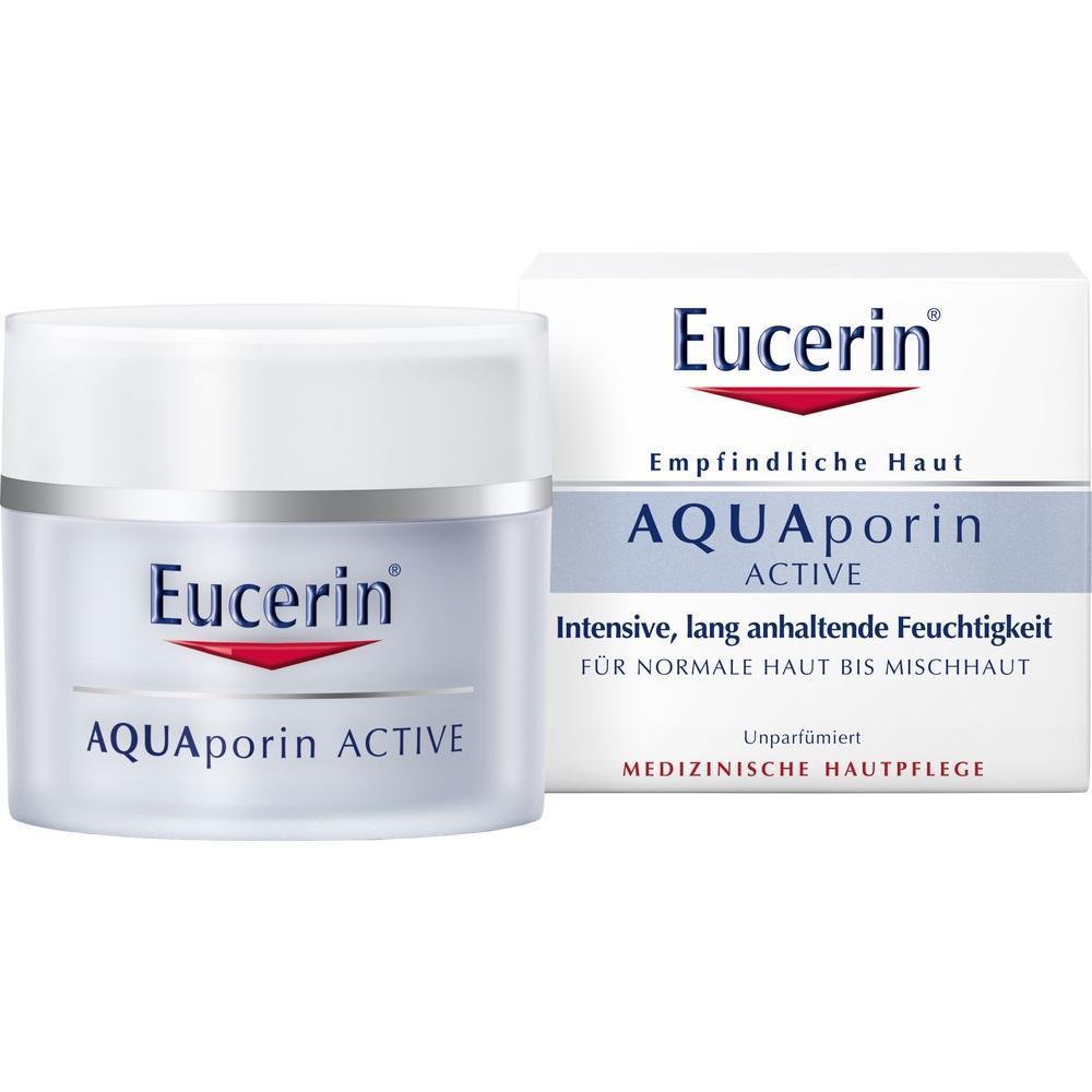 Eine Creme in einem weißen Tiegel mit der Aufschrift "Eucerin AQUAporin ACTIVE".