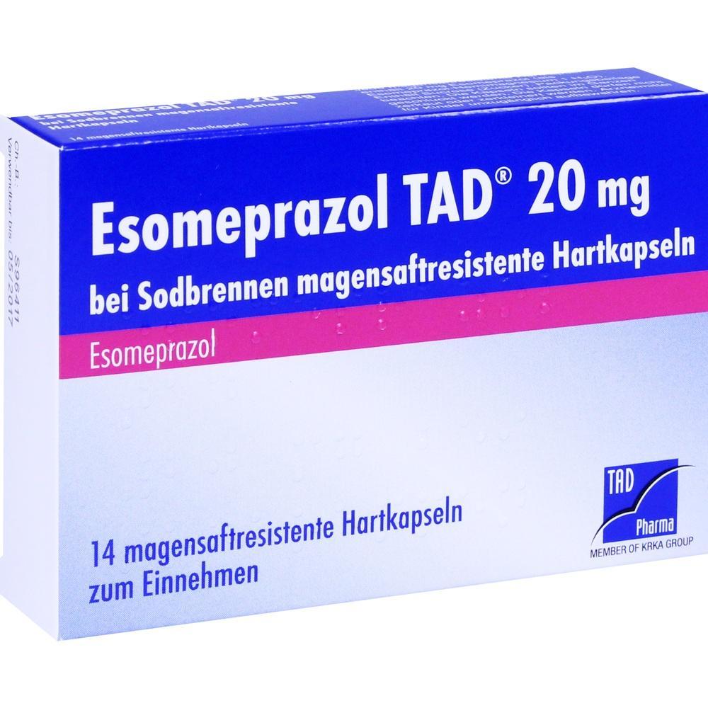 Packung von Esomeprazol TAD 20 mg gegen Sodbrennen, 14 magensaftresistente Kapseln.