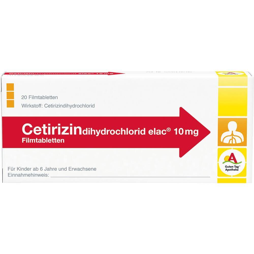 Eine Packung Cetirizin-Tabletten gegen Allergien, geeignet für Erwachsene und Kinder ab 6 Jahren.