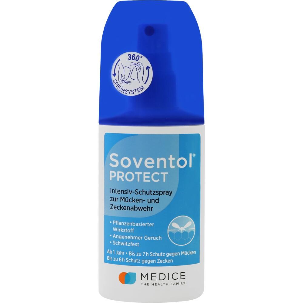 Eine blaue Flasche M&uuml;ckenschutz-Spray mit wei&szlig;er Schrift.