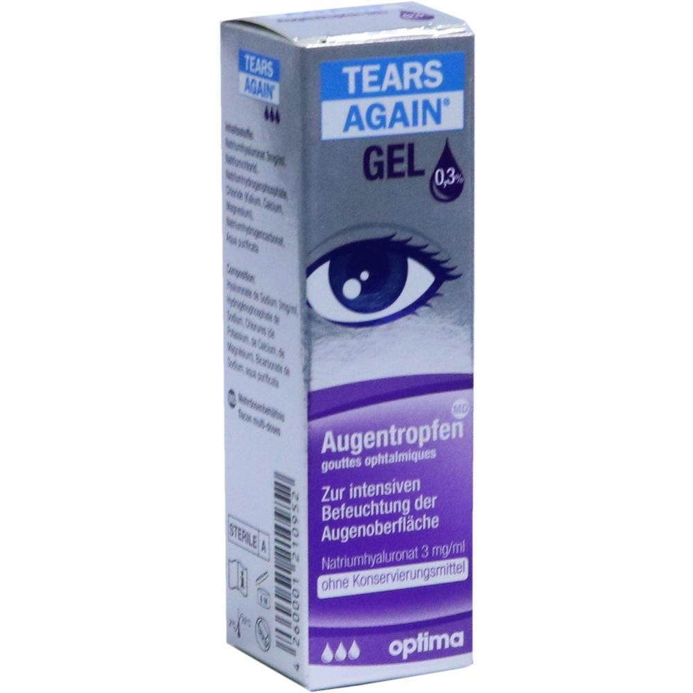 Eine Packung Augentropfen der Marke "Tears Again" zur Befeuchtung der Augen.