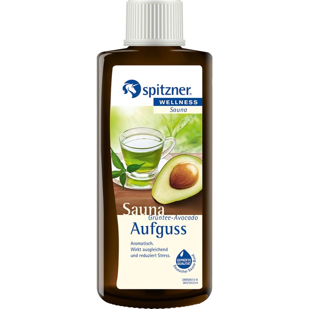 Braune Flasche mit Sauna-Aufguss Gr&uuml;ntee-Avocado, aromatisch und stresslindernd.