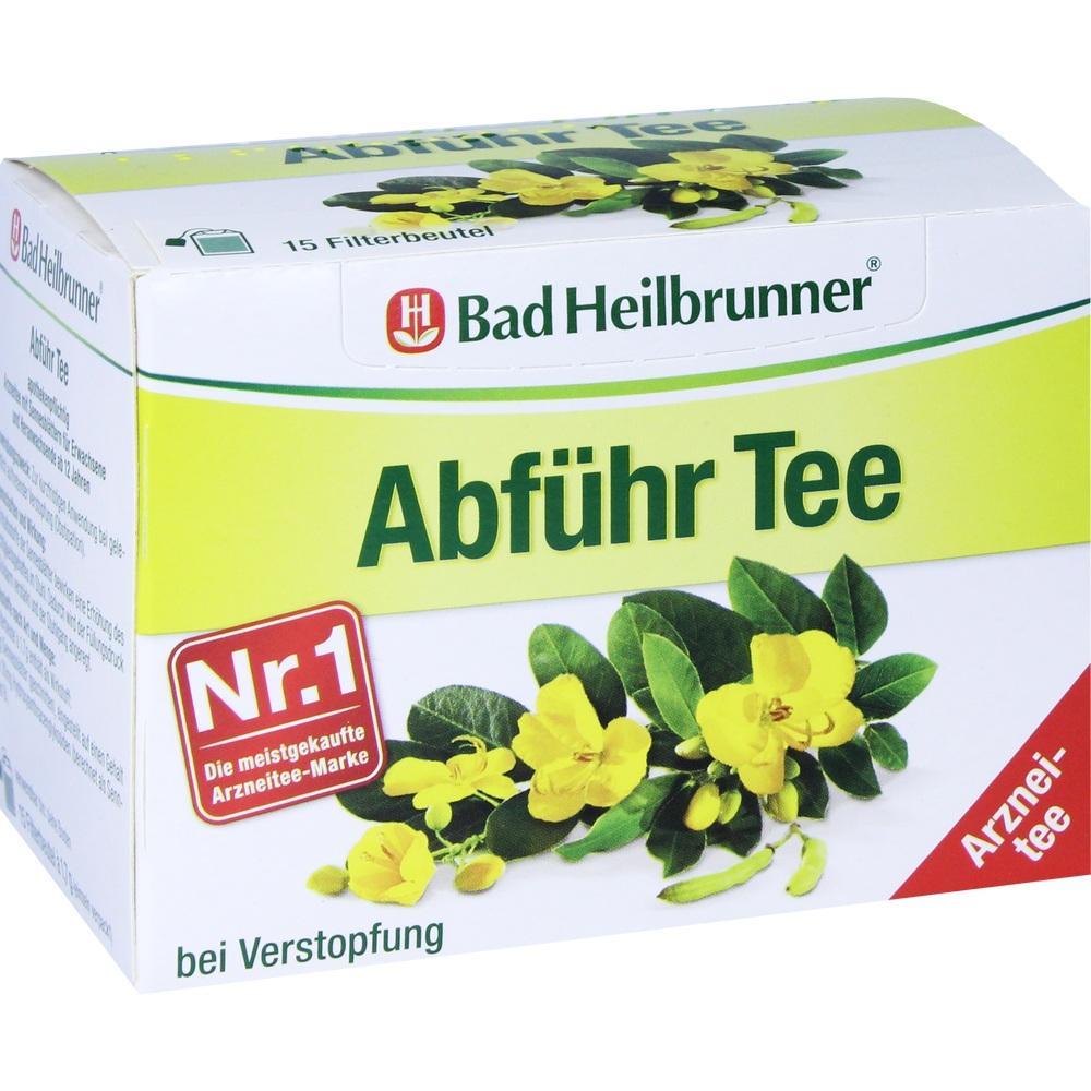 Karton mit Abf&uuml;hrtee f&uuml;r Verstopfung, dekoriert mit gelben Bl&uuml;ten.