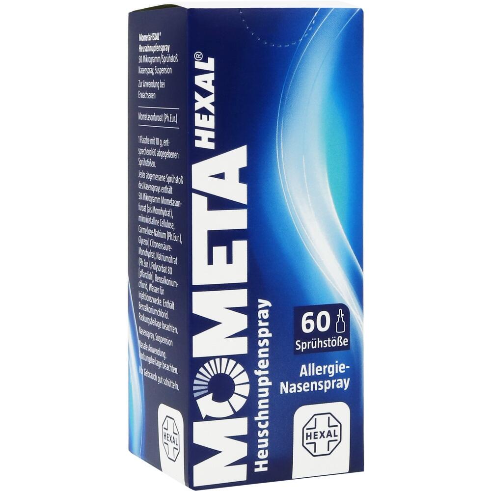 Blaue Verpackung von Mometa Hexal Allergie-Nasenspray mit 60 Sprühstößen.