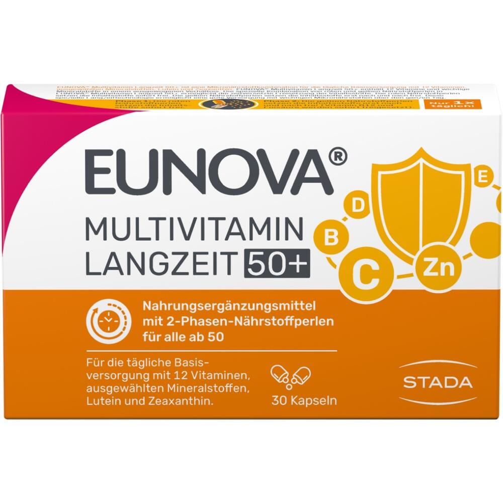 Verpackung von EUNOVA Multivitamin Langzeit 50+ mit 30 Kapseln f&uuml;r Personen &uuml;ber 50.