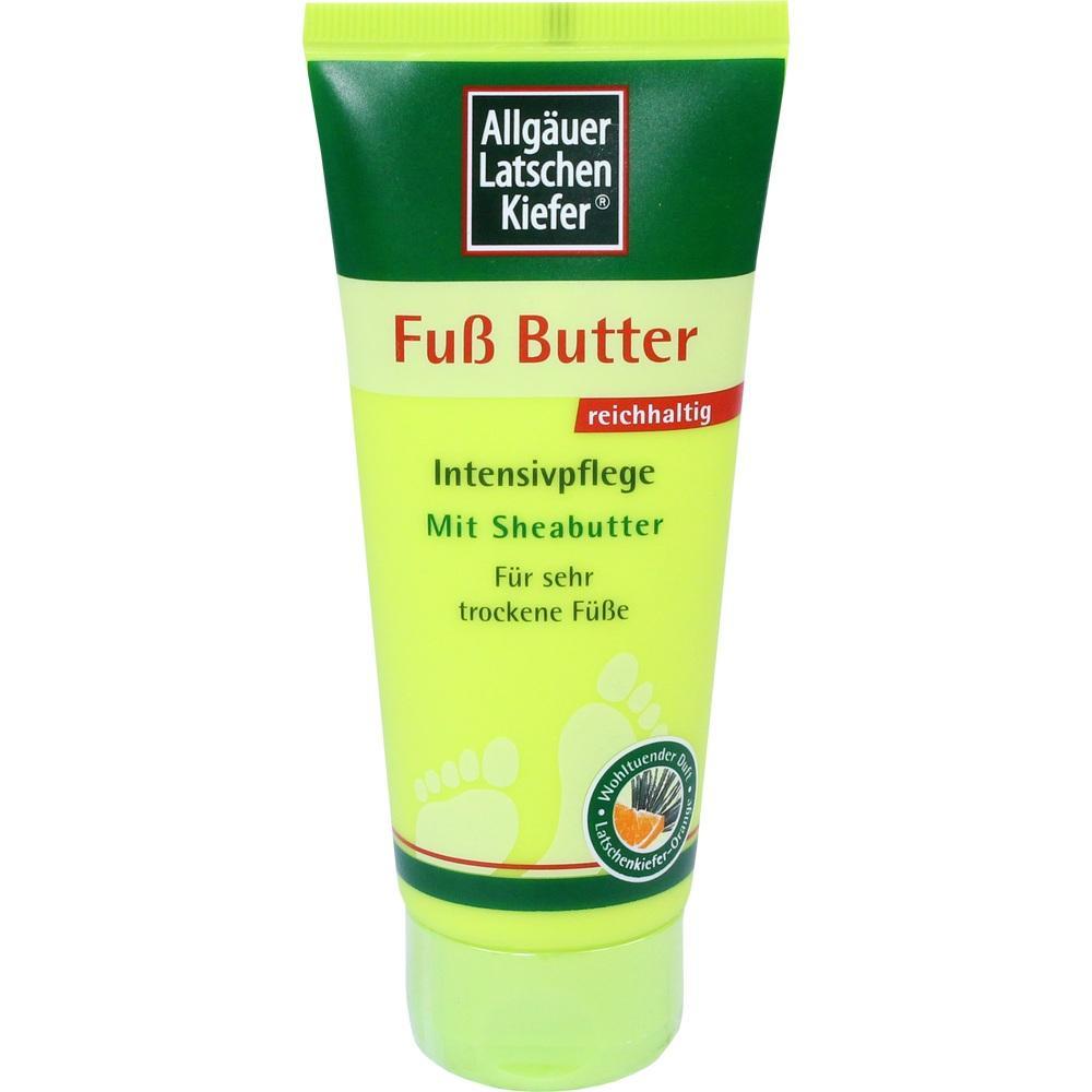 Eine gelb-grüne Tube Fußcreme für trockene Füße mit Sheabutter.