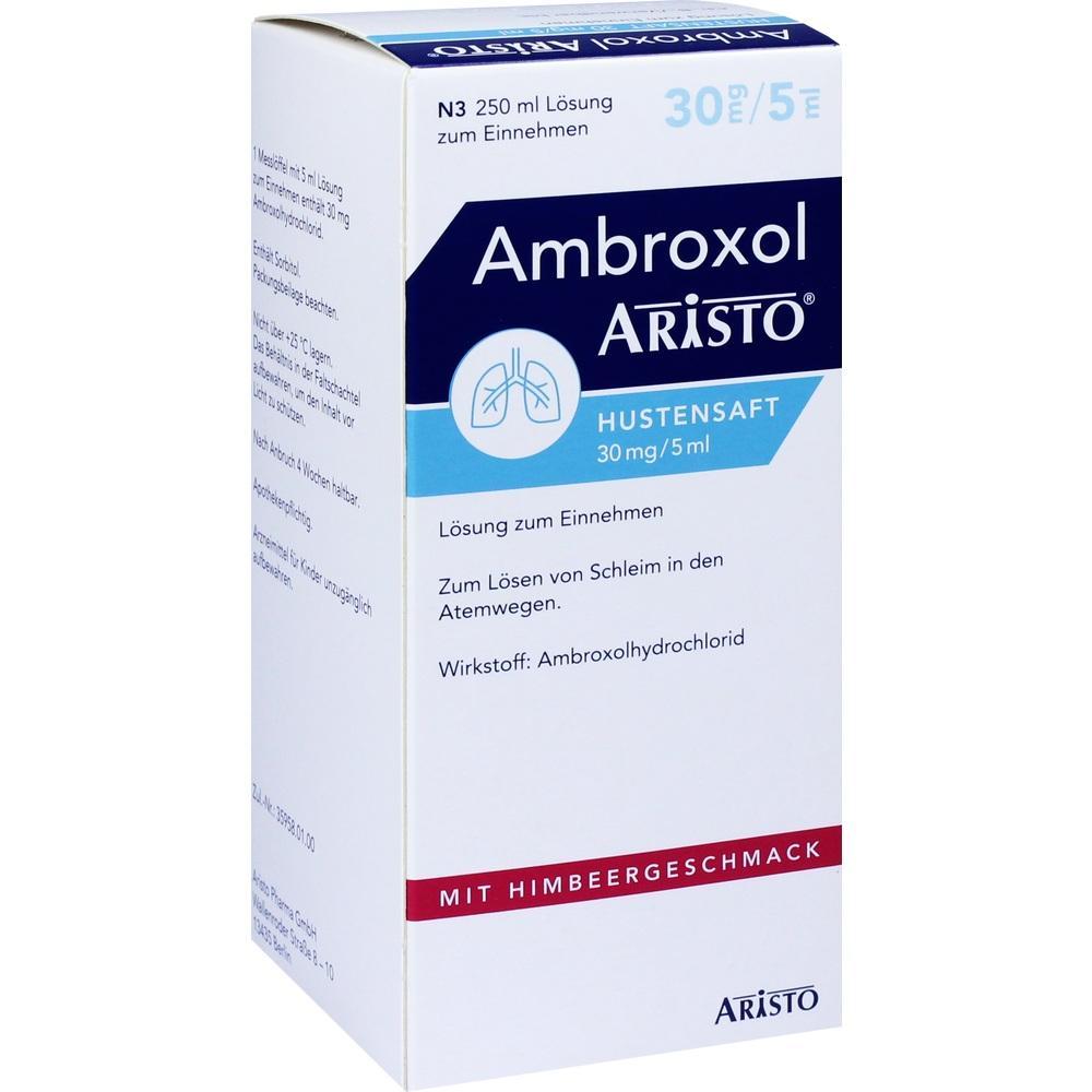 Eine Verpackung von Ambroxol Hustensaft mit Himbeergeschmack.