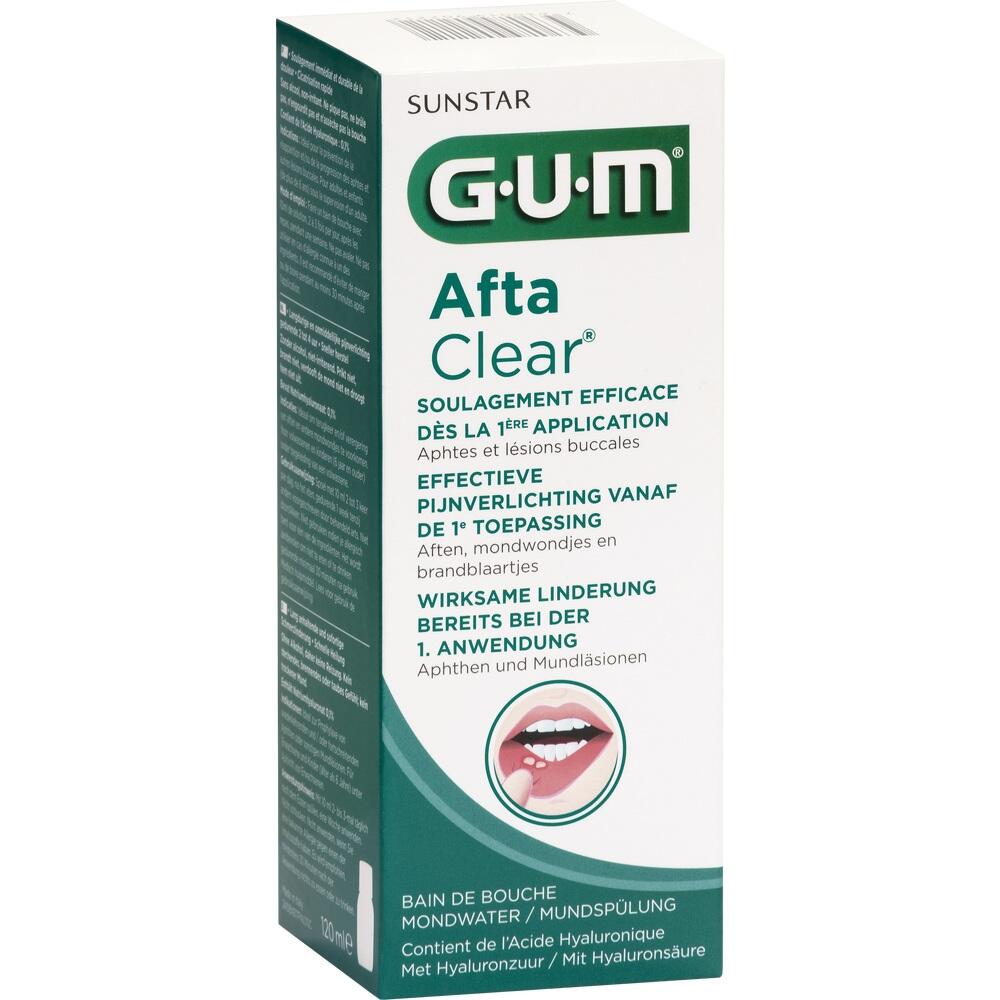 Verpackung von GUM AftaClear Mundsp&uuml;lung gegen Aphten und Mundl&auml;sionen.