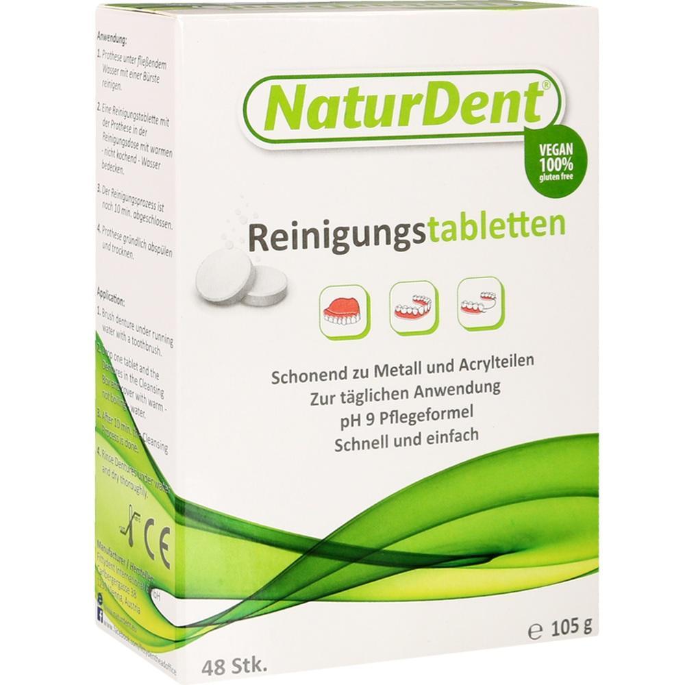Verpackung von Reinigungstabletten für Zahnprothesen, vegan und glutenfrei.