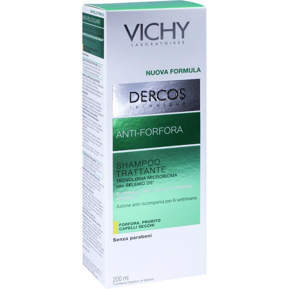 Wei&szlig;e Shampoo-Verpackung mit gr&uuml;nen und silbernen Details von Vichy Dercos Anti-Schuppen.