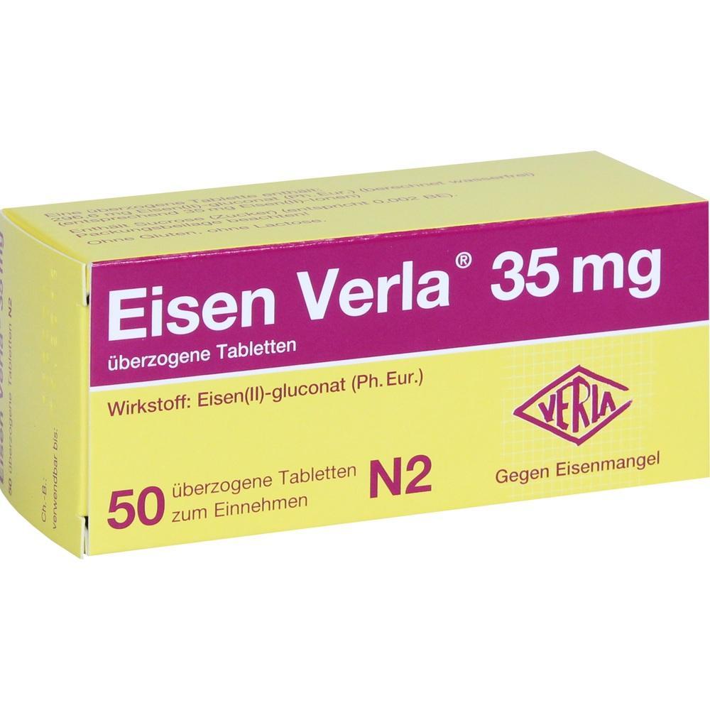 Gelbe Medikamentenpackung mit der Aufschrift &bdquo;Eisen Verla 35 mg&ldquo; gegen Eisenmangel.