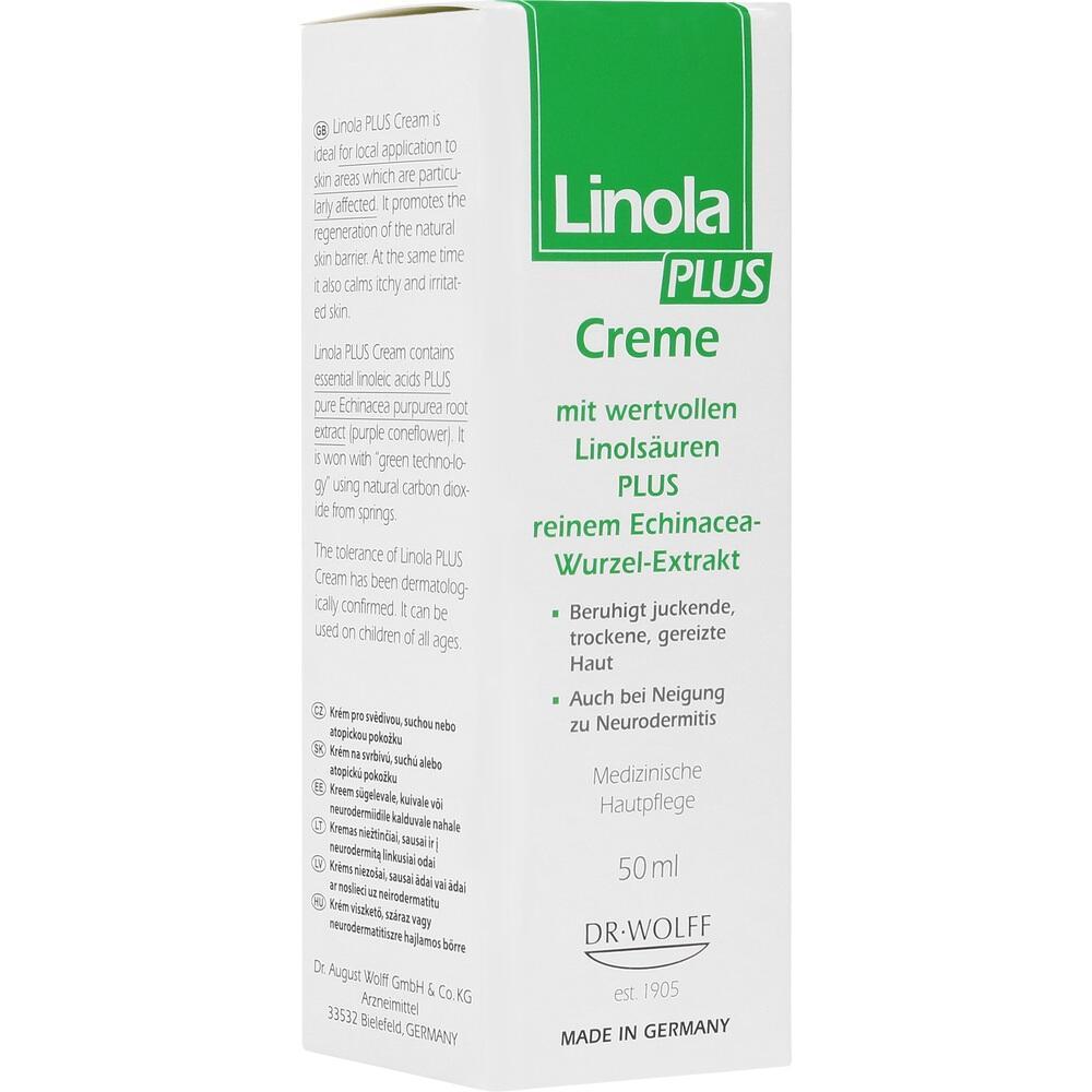 Weiße Box von Linola PLUS Creme für juckende, trockene Haut und Neurodermitis.