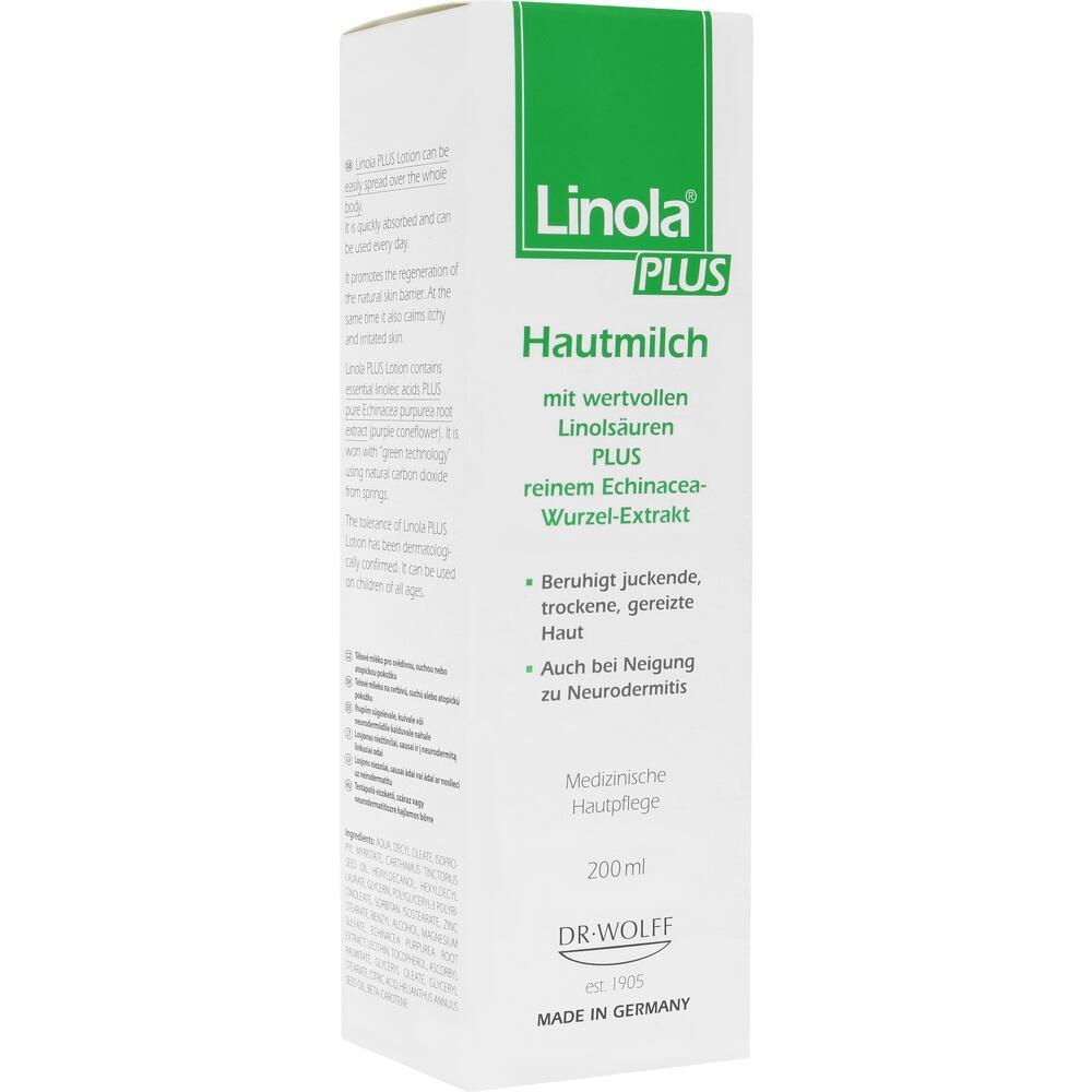 Ein weißer Karton mit der Aufschrift "Linola Hautmilch" gegen trockene Haut.