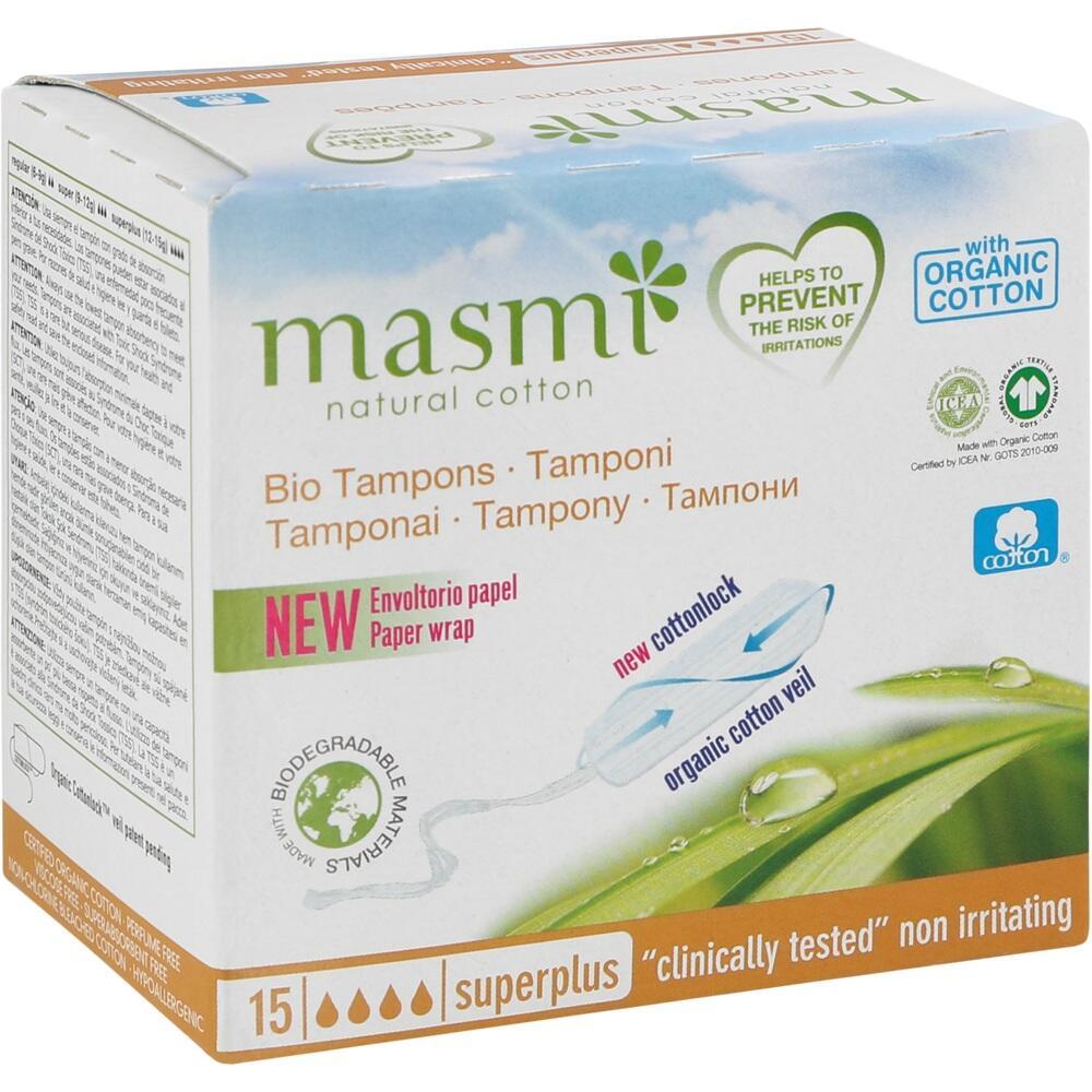 Eine Packung Bio-Tampons aus organischer Baumwolle von der Marke Masmi.