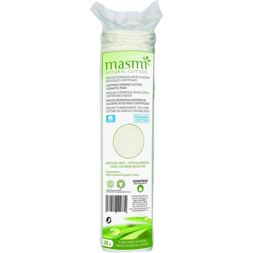 Eine Packung mit 80 runden Wattepads aus Bio-Baumwolle.