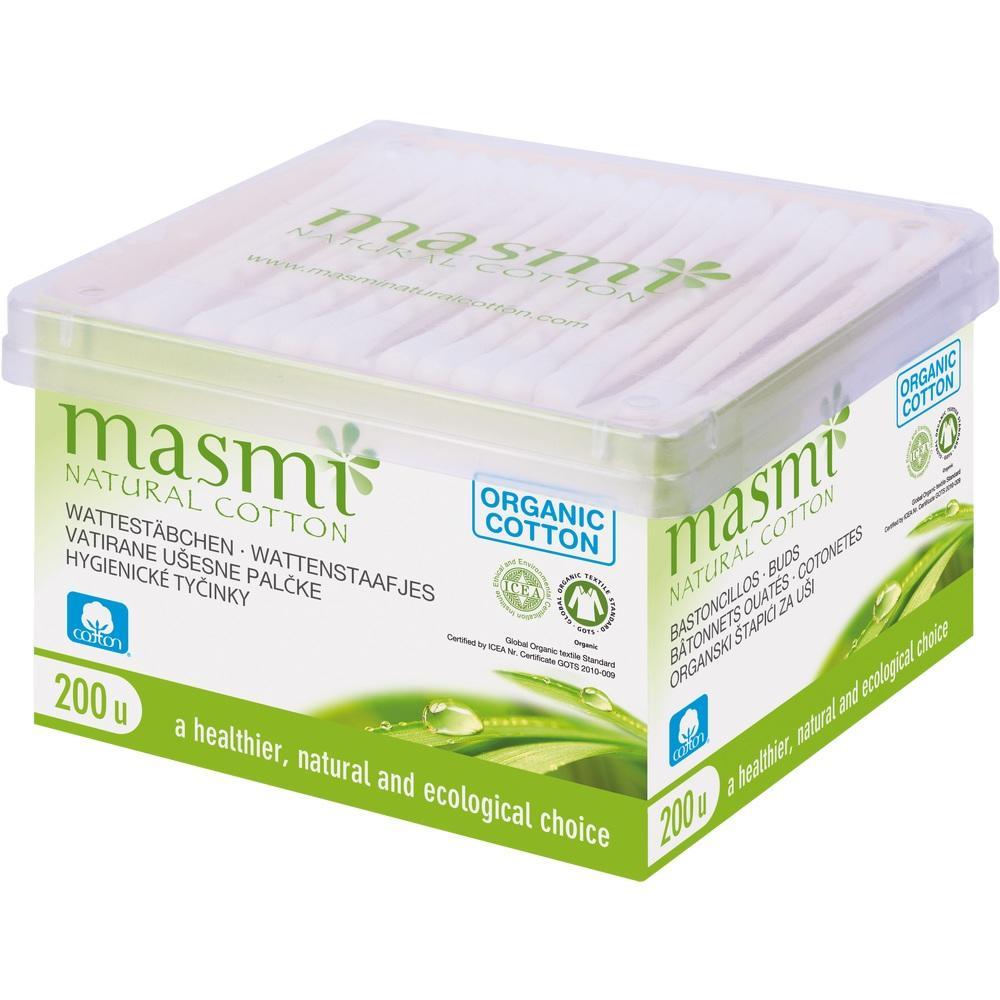 Eine rechteckige Schachtel mit 200 Wattest&auml;bchen aus Bio-Baumwolle.