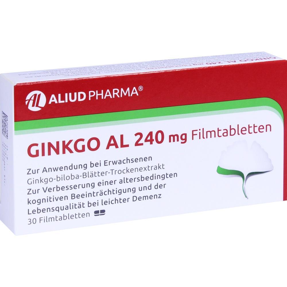 Eine Packung mit 30 Tabletten Ginkgo AL 240 mg von Aliud Pharma.