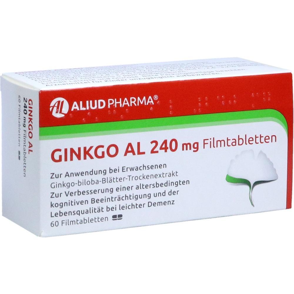 Verpackung von Ginkgo AL 240 mg Filmtabletten f&uuml;r Erwachsene.