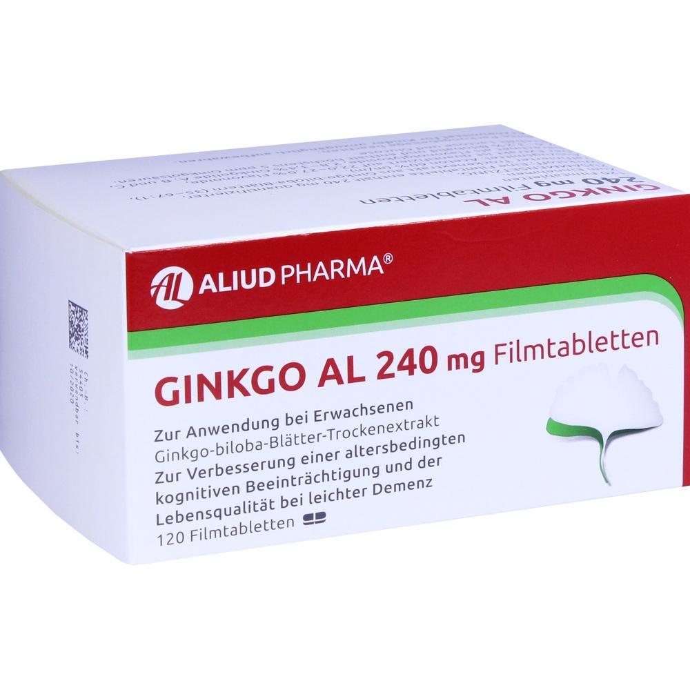Die Verpackung zeigt Ginkgo AL 240 mg Filmtabletten von Aliud Pharma.