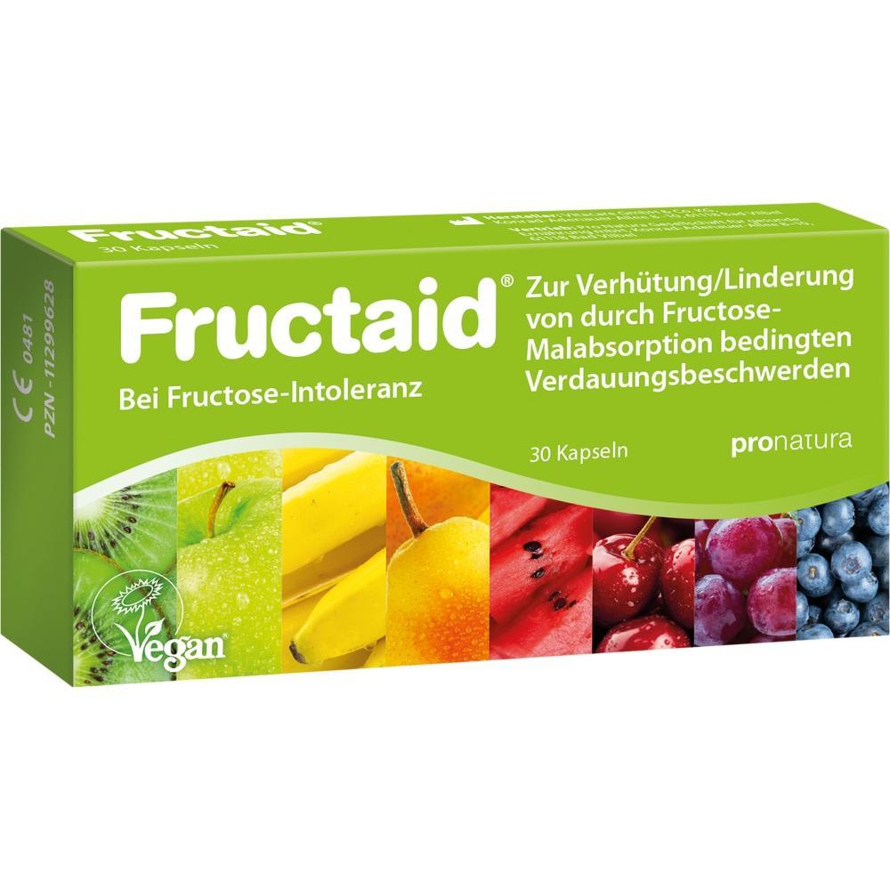 Gr&uuml;ne Packung von Fructaid f&uuml;r Fructose-Intoleranz mit bunten Fr&uuml;chten abgebildet.