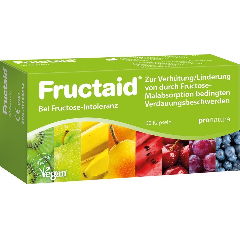 Gr&uuml;ne Packung mit Fructaid f&uuml;r Fructose-Intoleranz, enth&auml;lt 60 vegane Kapseln.