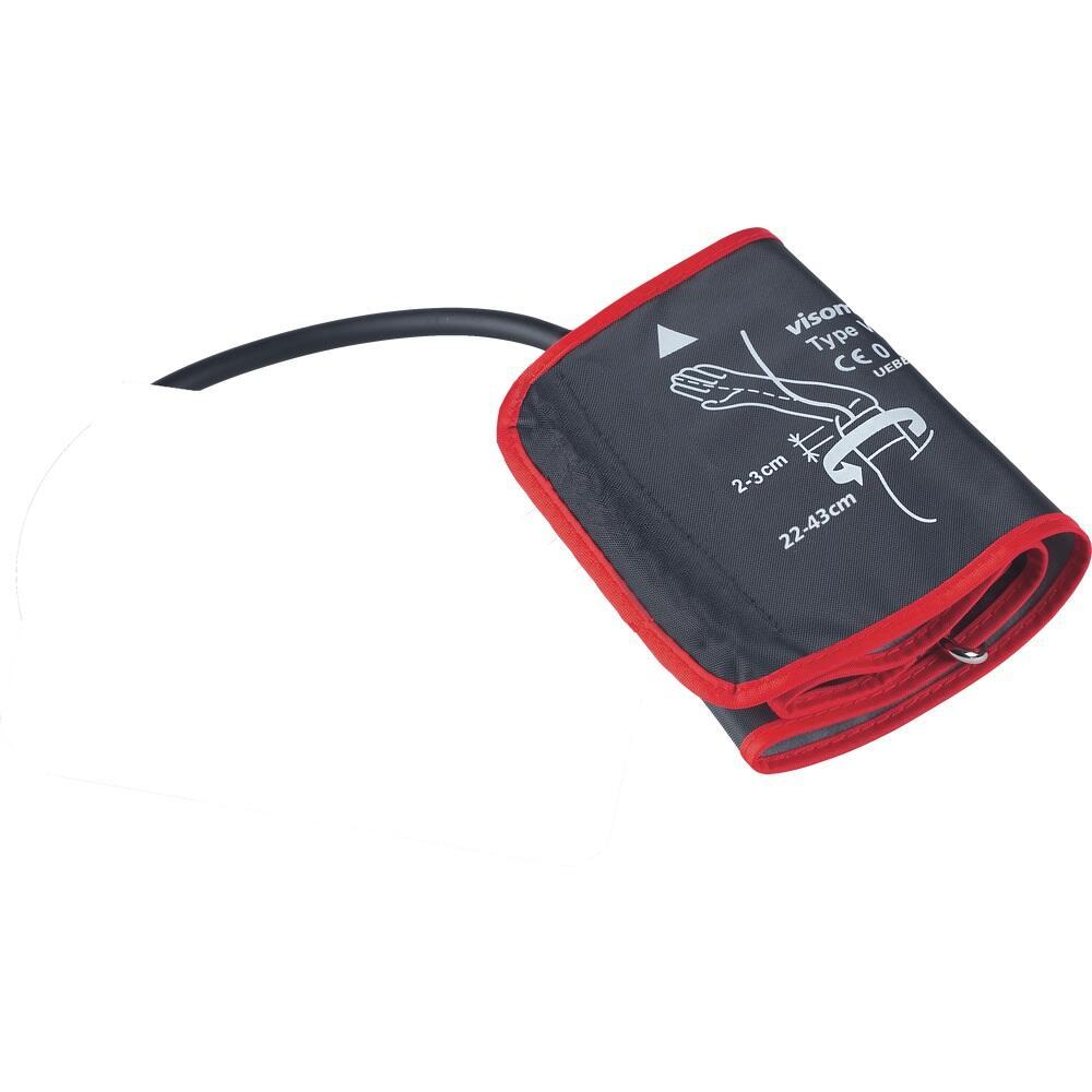 Eine Blutdruckmanschette mit schwarzem Stoff und rotem Rand.