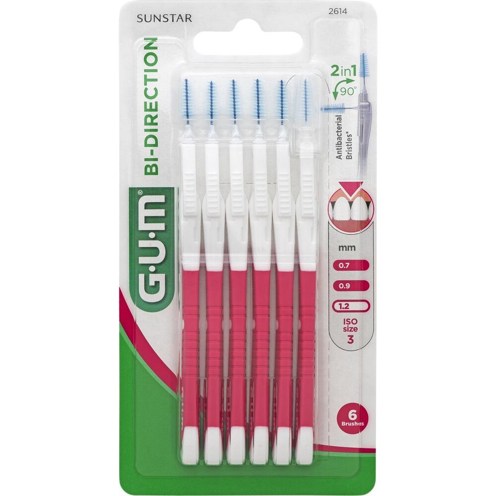 Sechs rot-wei&szlig;e Interdentalb&uuml;rsten in einer Plastikverpackung.