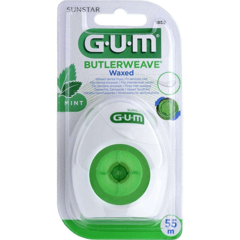 Gr&uuml;ne Zahnseide im wei&szlig;en Plastikspender mit der Aufschrift "GUM" und "Mint".