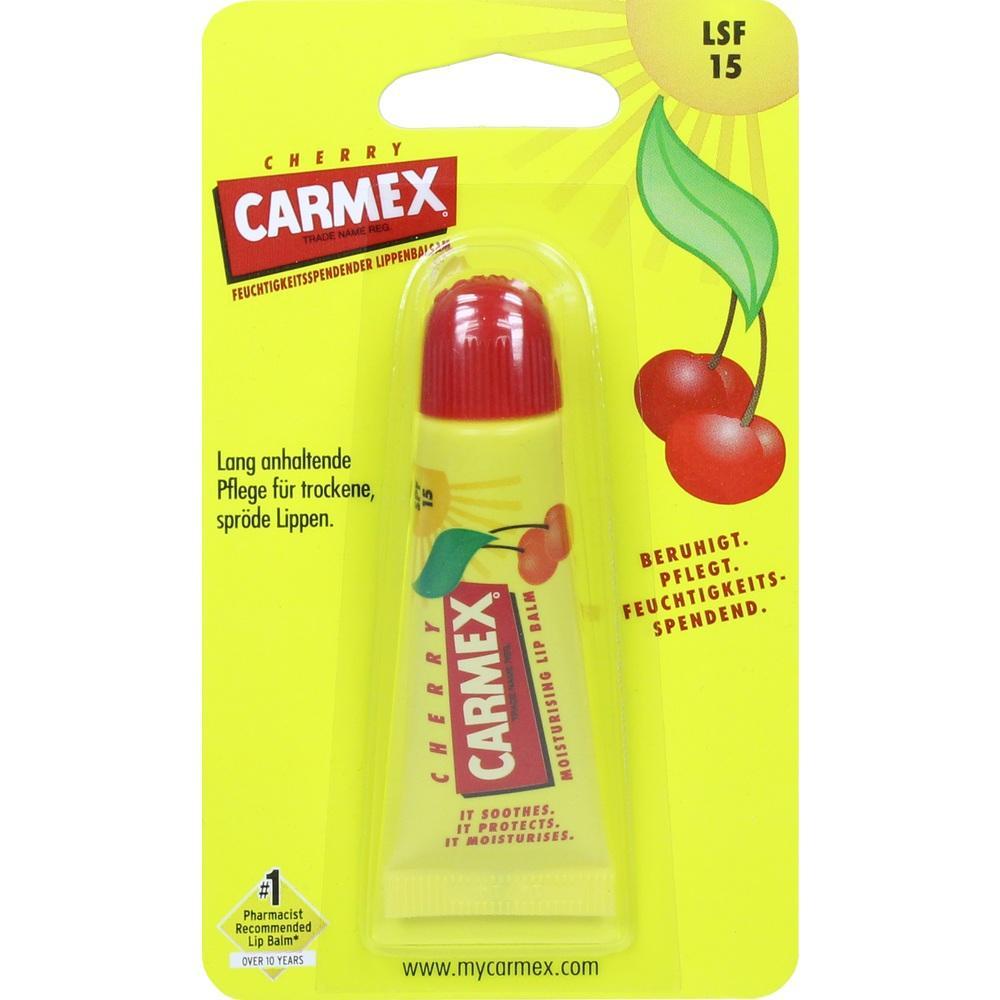 Eine Tube Carmex Lippenbalsam mit Kirschgeschmack auf gelber Verpackung.