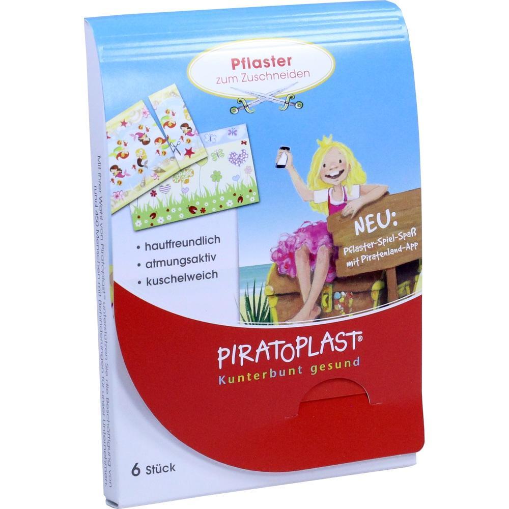 Bunte Pflasterverpackung mit spielender Piratin und Blumenmotiven.