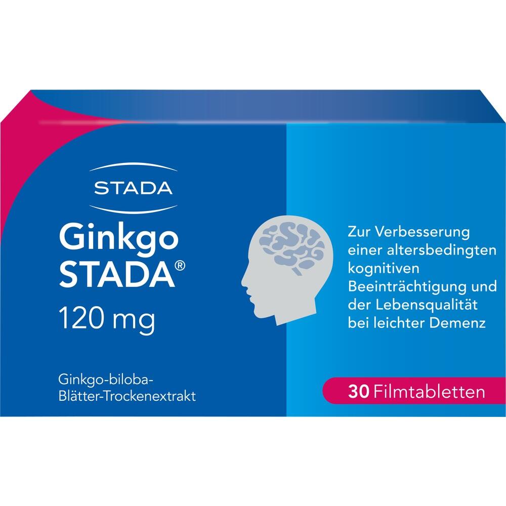 Blau-weiße Medikamentenverpackung mit Text über Ginkgo STADA 120 mg gegen kognitive Beeinträchtigung.