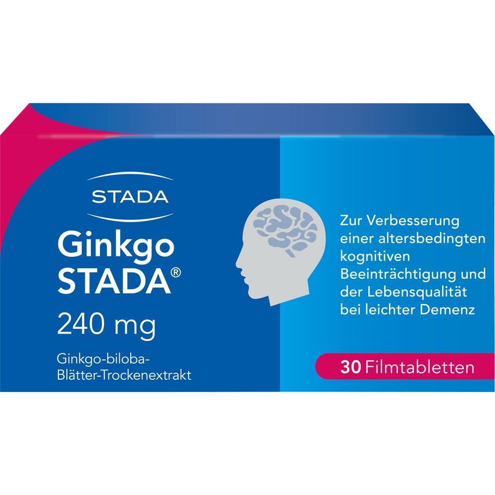 Packung Ginkgo STADA 240 mg Tabletten zur Unterstützung bei leichter Demenz.