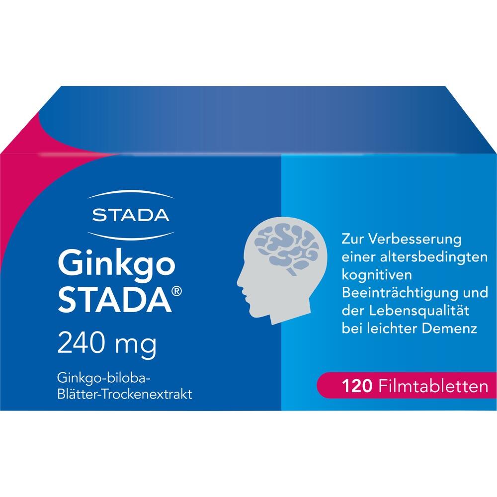 Verpackung von Ginkgo STADA Tabletten zur Unterstützung bei kognitiven Beeinträchtigungen.