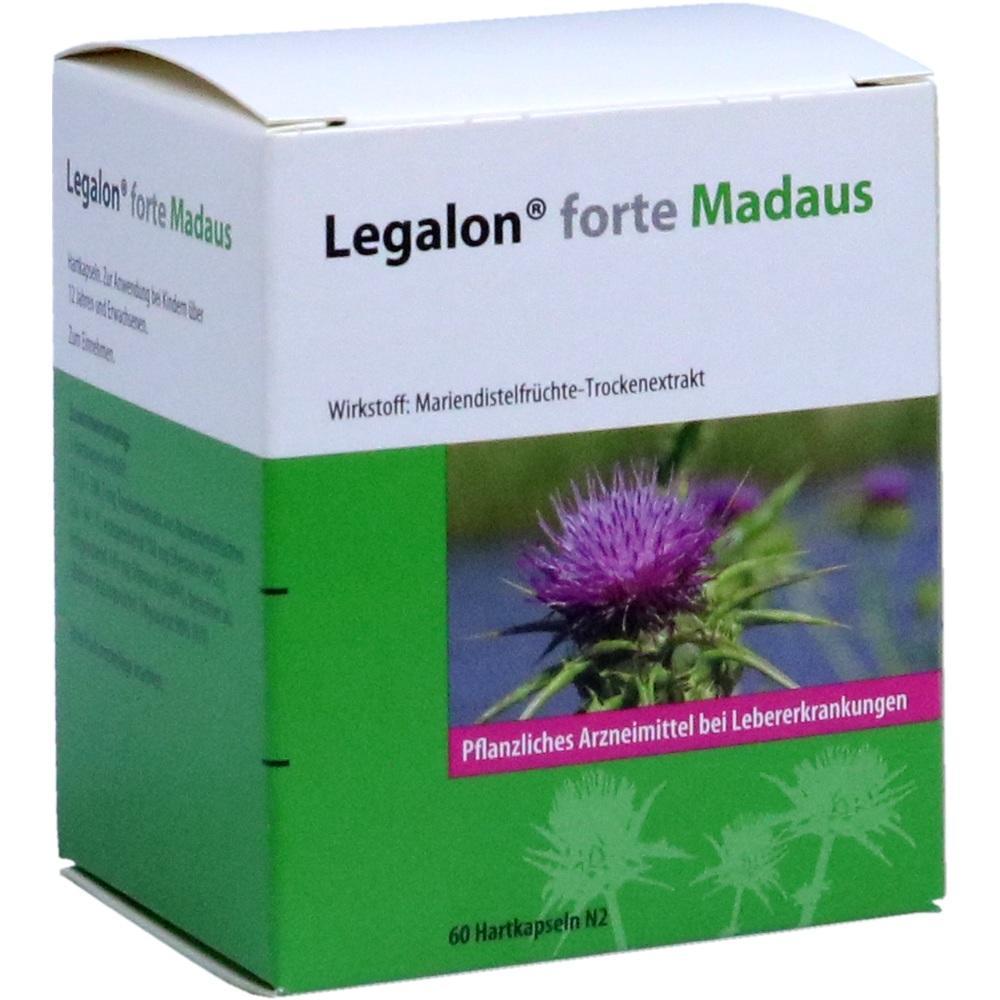 Eine grüne Verpackung von Legalon forte mit einem violetten Mariendistelbild.