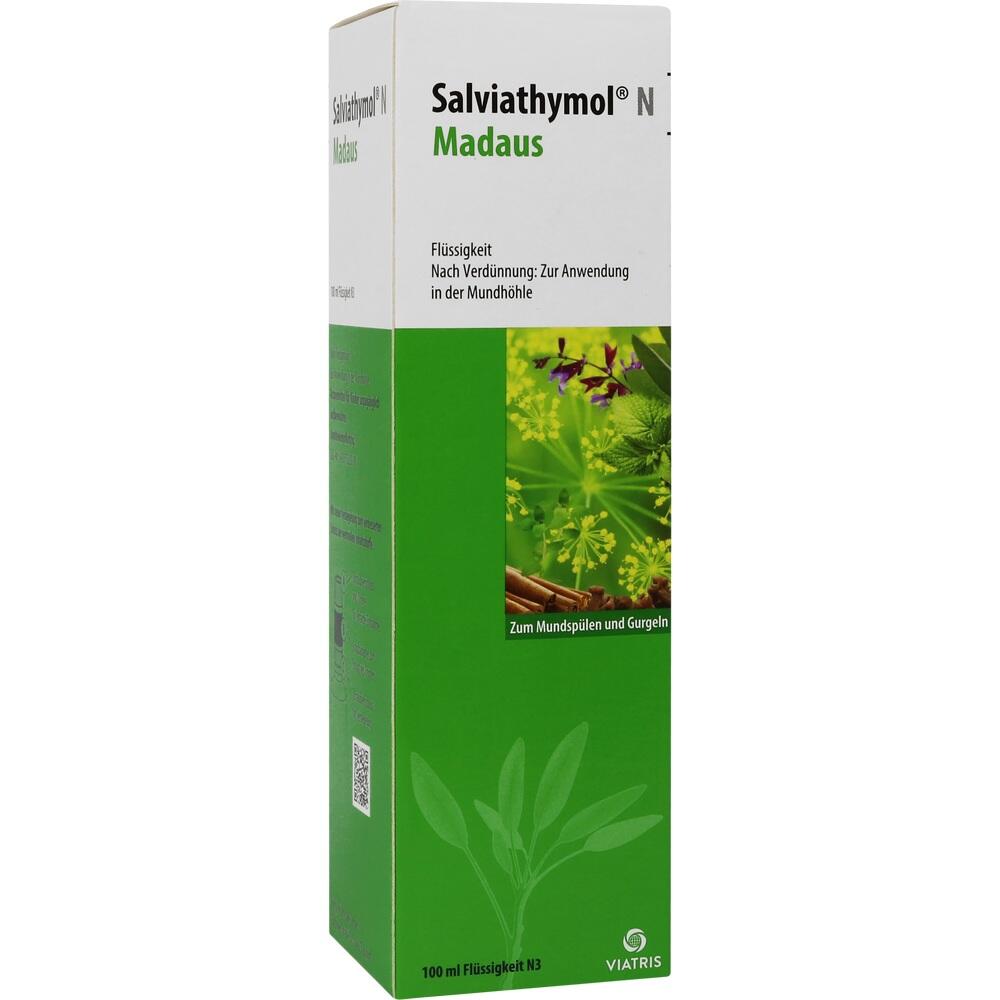 Eine grüne Verpackung mit Salbeimotiv und Aufschrift "Salviathymol Madaus".