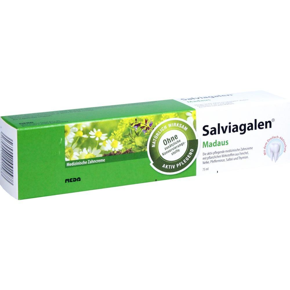 Grüne Zahnpastaverpackung mit Blumenmotiv und der Aufschrift "Salviagalen".