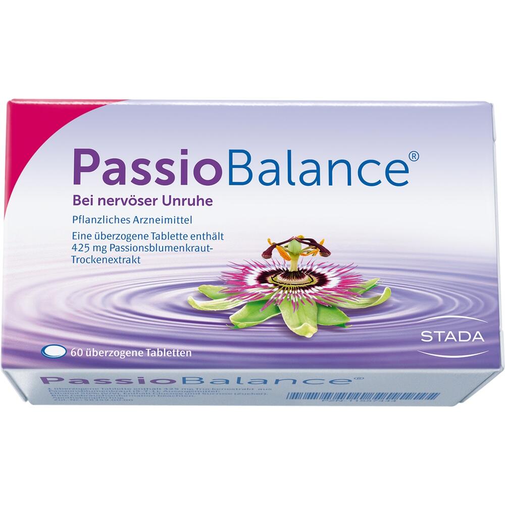 Eine Packung PassioBalance für nervöse Unruhe mit Passionsblumenkraut-Extrakt.