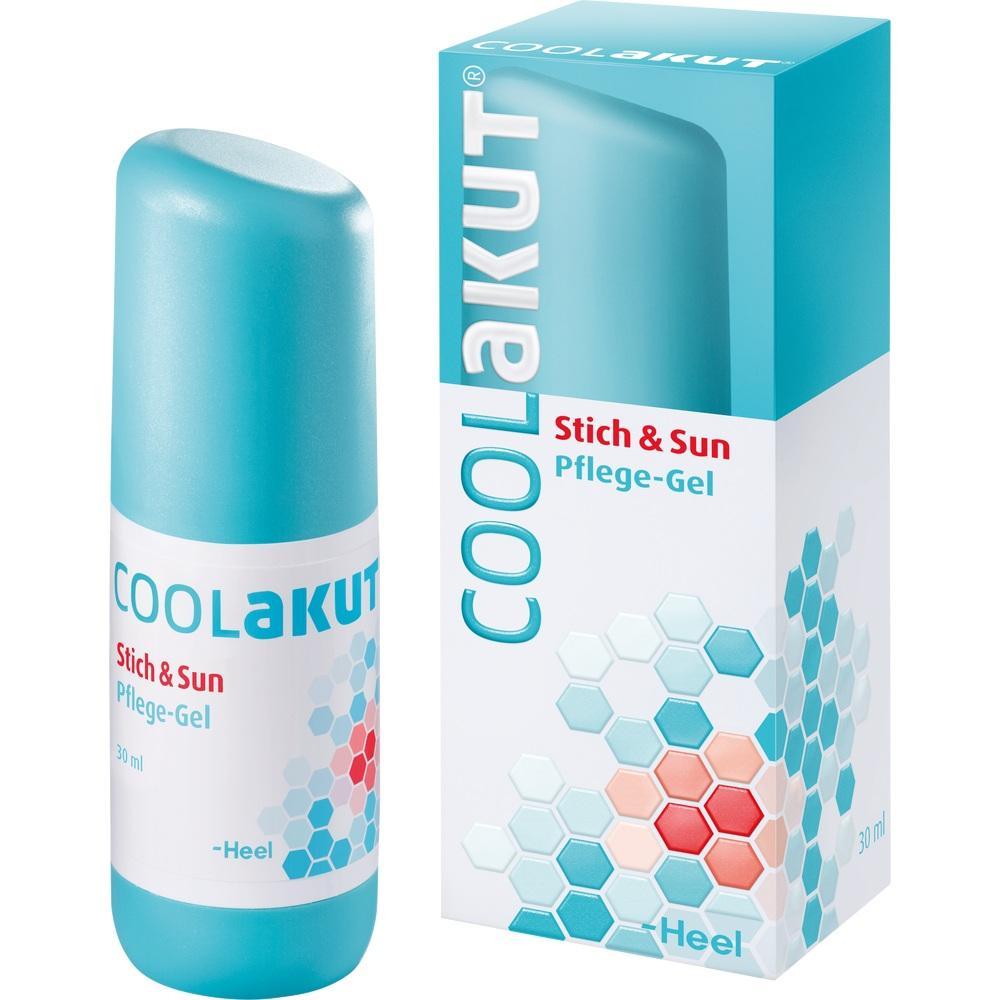 Eine hellblaue Flasche und Verpackung mit der Aufschrift "Coolakut Stich & Sun Pflege-Gel".