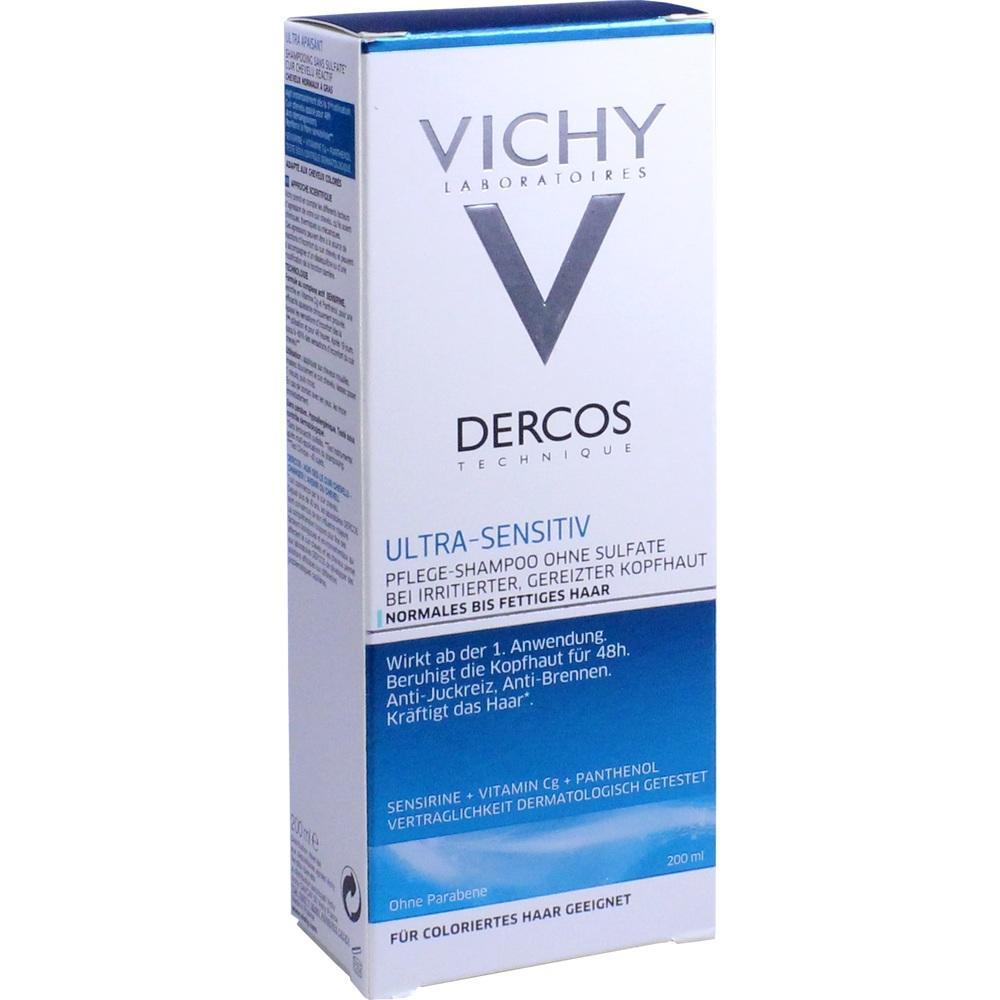 Eine weiße Shampoo-Box von Vichy Dercos für empfindliche Kopfhaut.