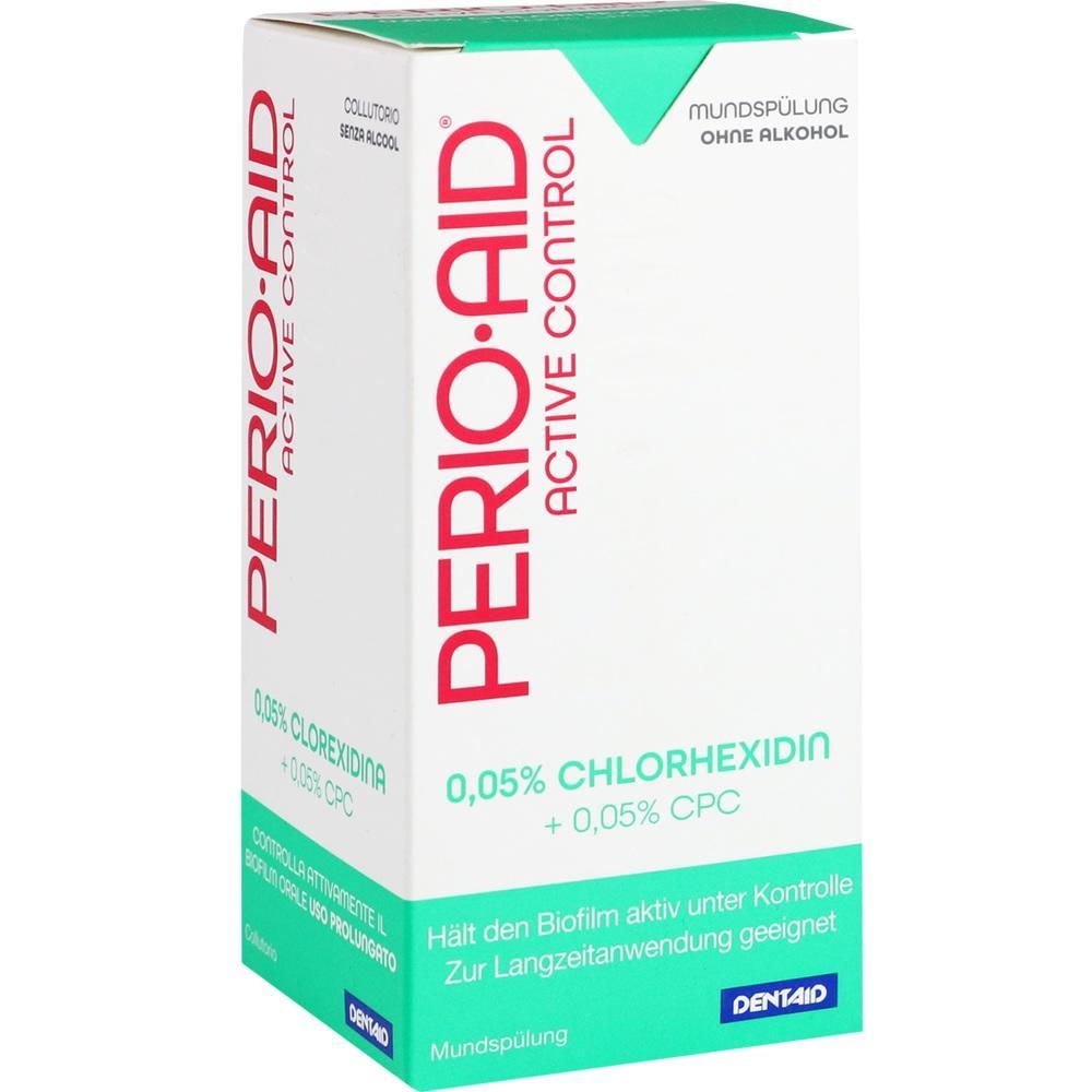 Verpackung einer alkoholfreien Mundsp&uuml;lung namens Perio-Aid Active Control.