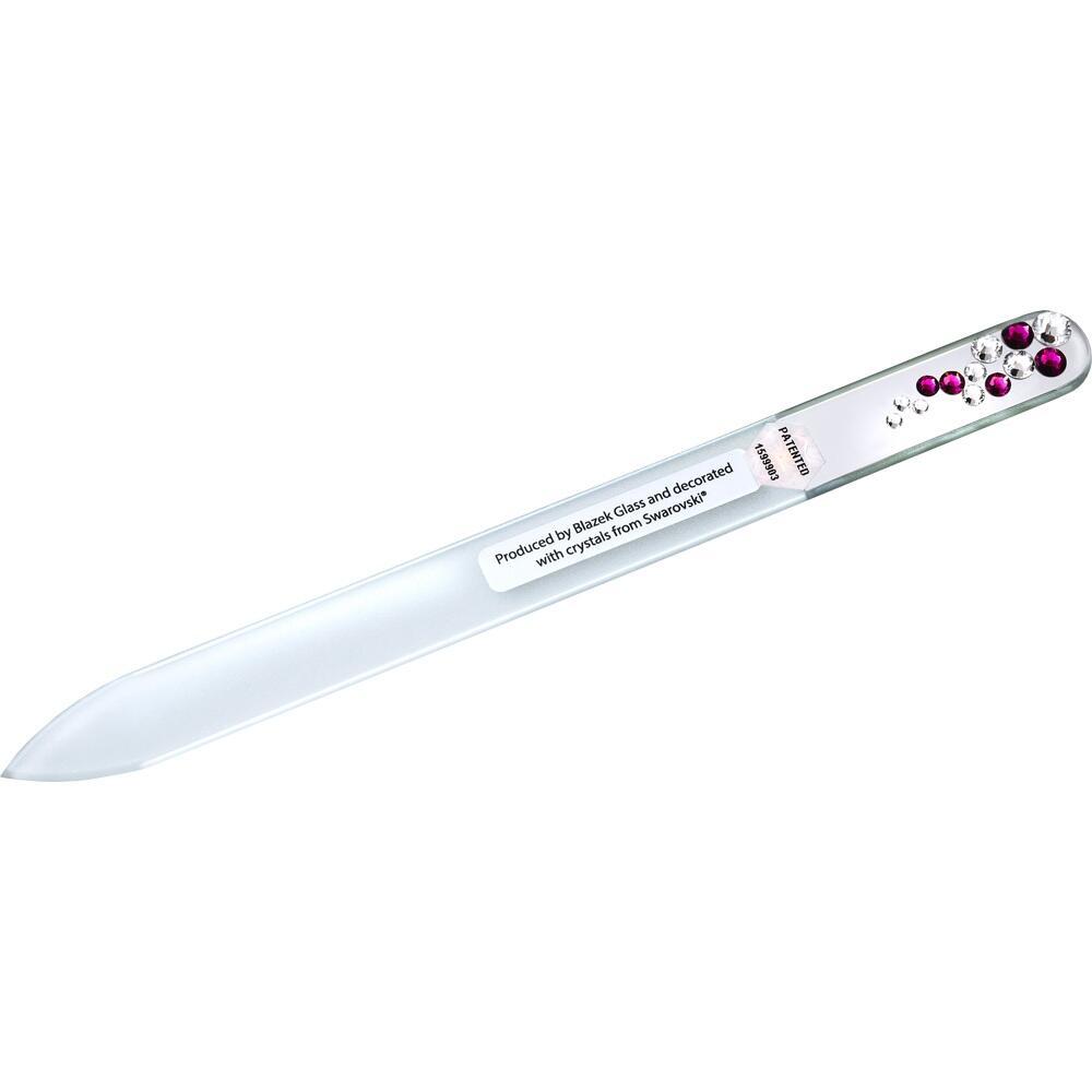 Glasnagelfeile mit lila und klaren Kristallen verziert.